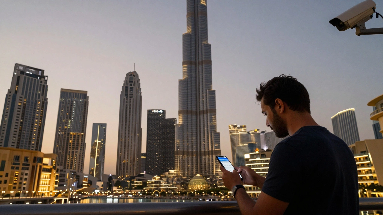 Dubai skyline at dusk with a tourist checking a phone, surrounded by luxury buildings and hidden surveillance.