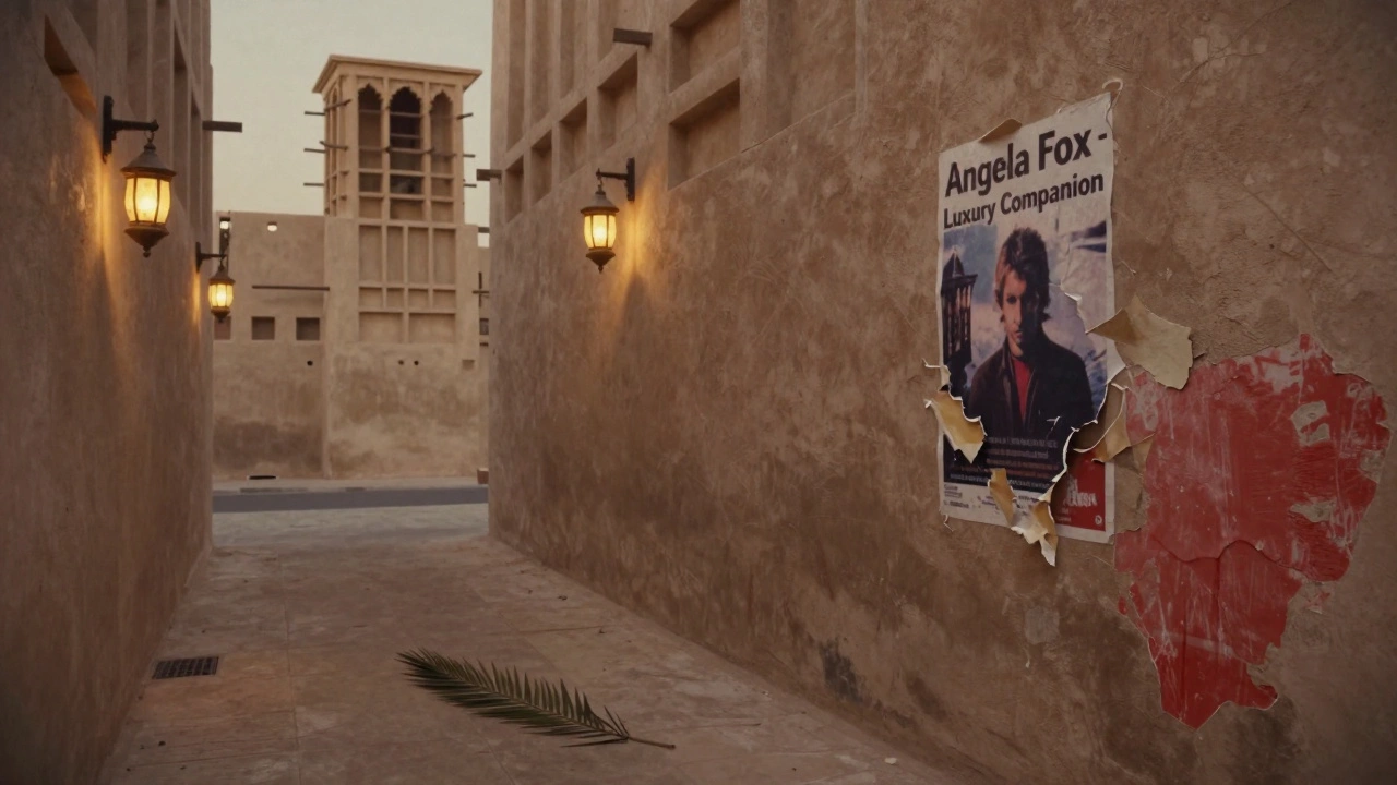 Faded poster of a fictional escort in a quiet Dubai alley, traditional architecture in the background.