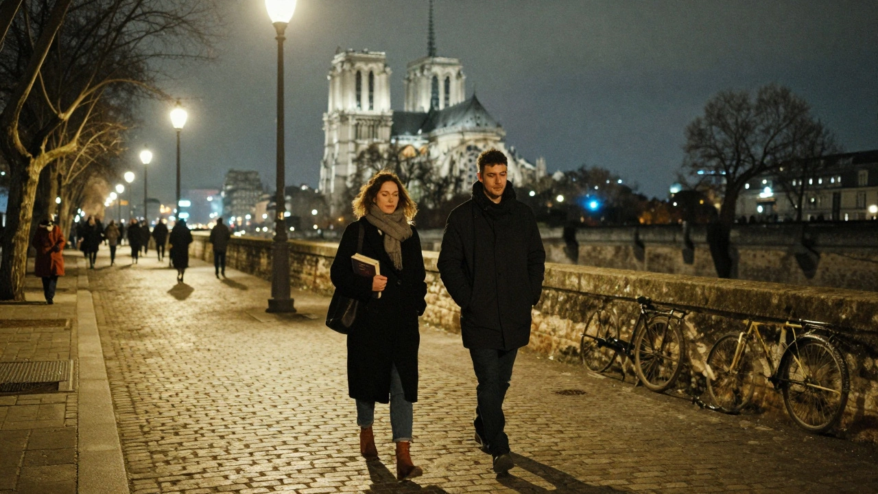 Two figures walking silently along the Seine at night, breath visible in the cold air.